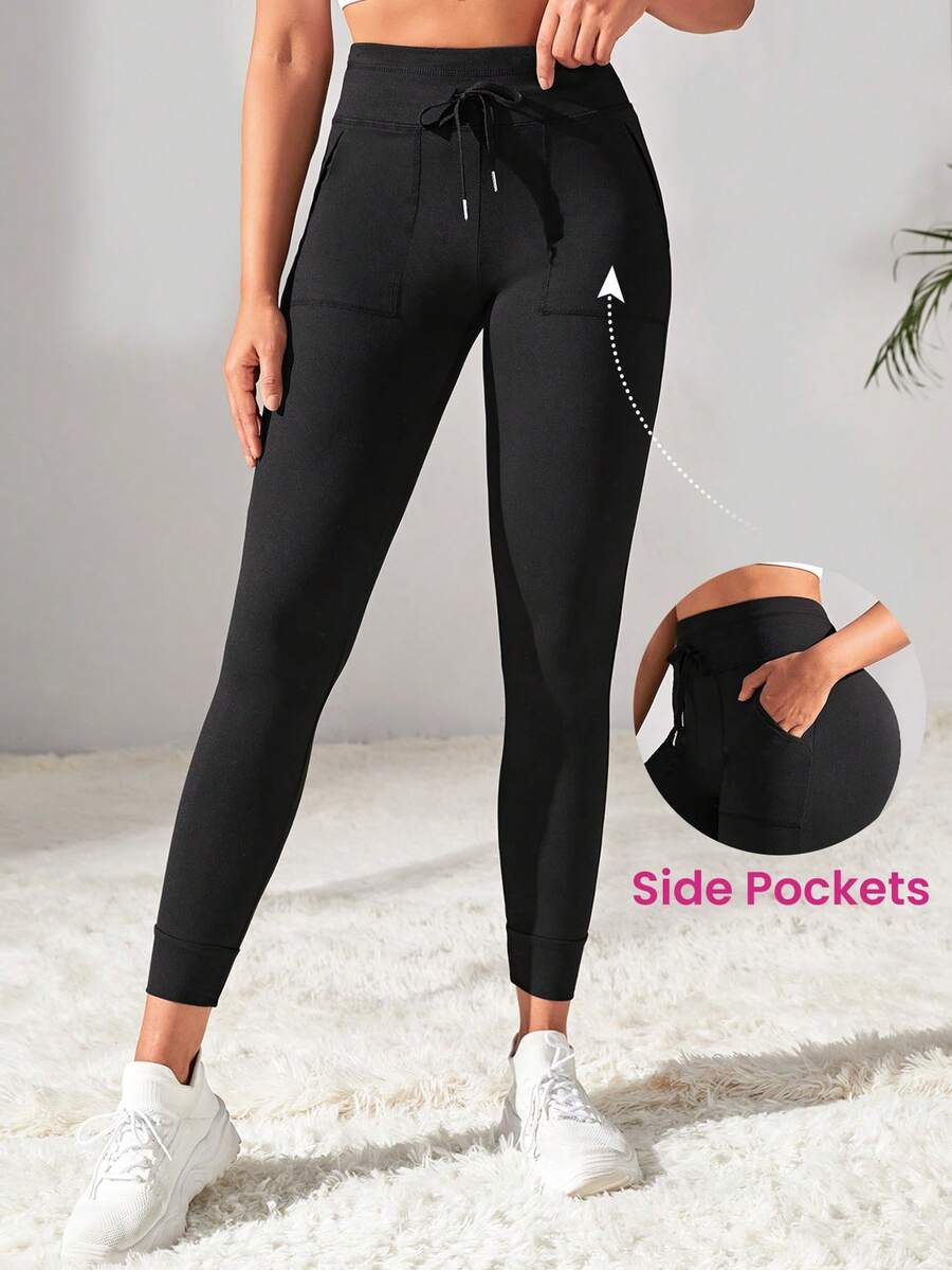 Easithlete Women's Drawstring Waist Gym Hiking Legging Fitted Jogger With Pockets And Tapered Cuffs  For Running Cycling Yoga Pickleball Exercise Workout Daily Wear - Black - View 1
