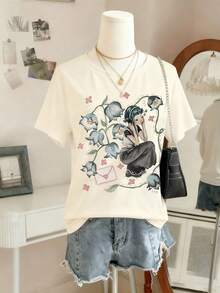 Glimmora 女士花卉卡通人物印花圆领短袖休闲T恤 - 杏色 - 查看 4