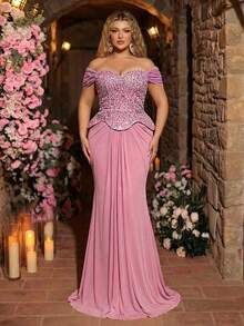 Glamrae Đầm maxi dáng đuôi cá màu hồng sen thanh lịch, lãng mạn, trễ vai, xuyên thấu, viền xương cá, phù hợp cho hẹn hò, kỳ nghỉ, tiệc độc thân, đám cưới, tựu trường và mọi dịp trang trọng. - Hồng - Xem 4