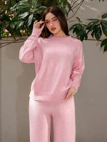 Bris Aura 2 件套女士休闲宽松落肩长袖毛衣和针织裤套装，秋季 - 粉色 - 查看 5