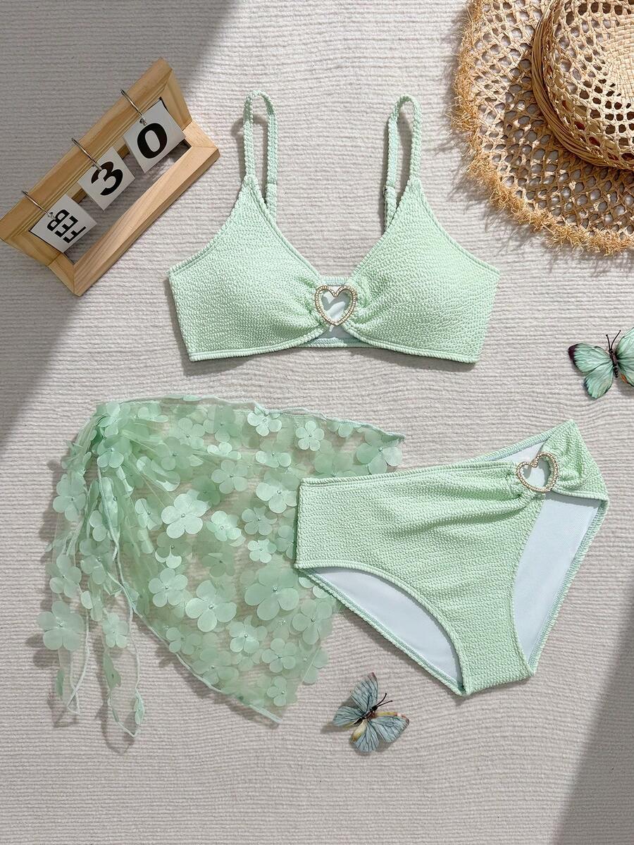 SHEIN Girls' Cute 3 PiecesSwimsuit Set With Shawl/Ruffle Trim, Fashionable Casual Elegant Swimwear Suitable For Swimming, Summer Vacation, Beach, Pool, Holiday Party Tween Bikini With Charm Cute Two Piece Swimsuits For 11 Year Old Girl Tween Girl Swimsuit Two Piece 2 Pieces Swimwear For Tweens Cute Beachy Tops And Bottoms For Girls Bikini Sets For Kids Bathing Suits For Girls Bikini For Tweens Bathing Suits For Tweens Beachwear For Kids Girls Swimwear Girls Bathing Suits Kids Bikini Sets Girls Summer Holiday Outfits Spring Summer Picks - Green - View 1