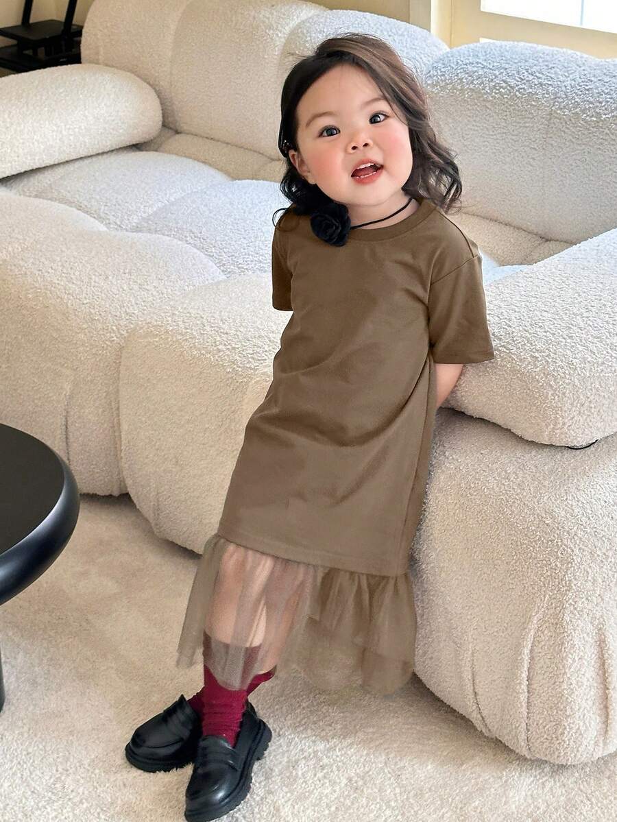Dazy Kids 女嬰圓領休閒網布拼接中長洋裝,夏季 - 咖啡棕 - 查看 1