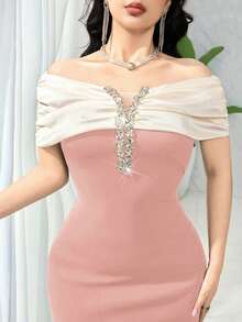 Feyla Women's Elegant Dress With Ruched Colorblock & Rhinestone Decor Off Shoulder - Pink - View 3