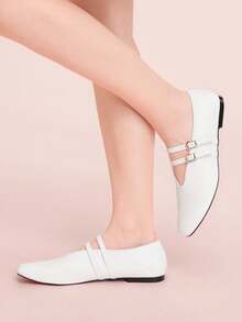 CUCCOO DOLLMOD 女士芭蕾平底鞋，玛丽珍平底鞋，套脚式，可调节系带圆头平底鞋，舒适时尚双扣芭蕾舞鞋 - 白色 - 查看 5