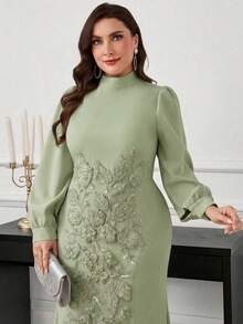 Modelyn 大码女式立体花卉装饰优雅收腰A字连衣裙 - 綠色 - 查看 7