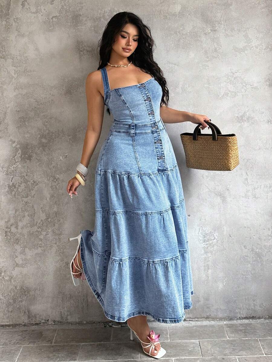 Sunnyshic Plus Size Summer Casual Front Button Backless Halter Denim Dress - Blue - View 1