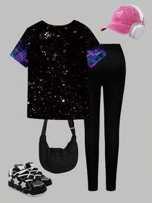 New SS26 Fashion Tween Girl 2pcs Set, Casual Stylish Spring/Summer T-Shirt & Leggings Outfit, Cartoon Character Graphic Tee & Tight Black Pants, Lightweight & Comfortable, Fashionable Casual Suit - Multicolor - View 3