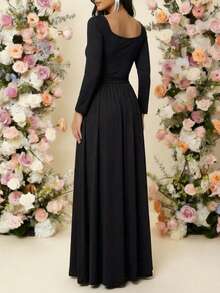 Vestido Sofisticado con Vuelo y Aberturas al frente manga larga escote v vestido formal elegante largo - Negro - Ver 2
