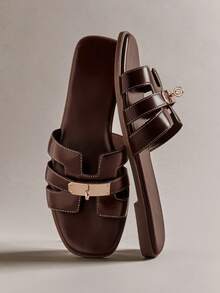 Hauture Luxe Essentials Women's Gold Lock Stitching Detail Square Toe Flat Glossy Pu Coffee Slide Sandals-Sophisticated, Elegant & Stylish - Coffee Brown - View 6