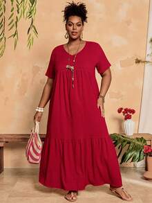 BrightlyHer 大码女式绿色长裙，早春 - 紅色 - 查看 5