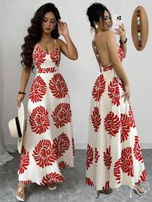 SHEIN Women's Printed Open Back Colorful Beaded Chain Decor A-Line Waist Flattering Bohemian Vacation Elegant Sweet Cute Daily Commute Fashion Date French Street Music Festival Retro Versatile Spring Summer Light Peach Red Pattern New Sleeveless Maxi Dress - Multicolor - View 8