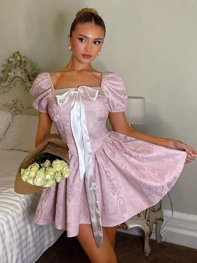 SHEIN Women's Spring/Summer Satin Patchwork 3D Bow Ribbon Puff Sleeve Ruffle Hem Pink Dress, Spaghetti Strap Swing Mini Dress, Suitable For Party/Holiday Spring Dress, Graduation/Back To School Dress, Textured Jacquard Fabric