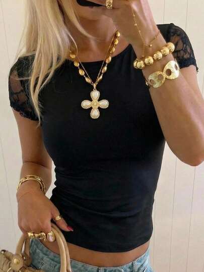 SHEIN EZwear New Summer Black Knit Lace Patchwork Women T-Shirt
