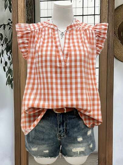 SHEIN LUNE Blusa de cuello en V con pliegues y mangas cortas, a cuadros, para mujer de talla grande, de verano