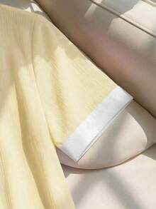 Franclia Áo sơ mi nữ thanh lịch màu hồng nhạt chất liệu chiffon nhăn, cổ trắng, tay ngắn, dáng rộng. - Màu be - Xem 4