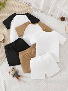 SHEIN Vintaside Kids 6件套婴幼儿男童休闲套装，包括藏青色、浅绿色、浅橙色、白色撞色插肩袖圆领短袖T恤和运动短裤，适合夏季穿着 - 彩色 - 查看 4