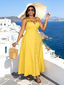 SOLERSUN Plus Size Women's Summer Elegant Yellow V-Neck Sleeveless Maxi Dress,3D Floral Embroidered Lace,A-Line Waist Cinched Vacation Holiday Resort Outfits - Yellow - View 1