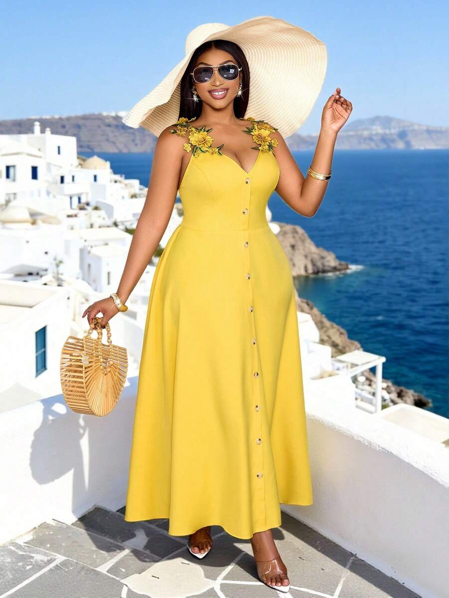 SOLERSUN Plus Size Women's Summer Elegant Yellow V-Neck Sleeveless Maxi Dress,3D Floral Embroidered Lace,A-Line Waist Cinched Vacation Holiday Resort Outfits - Yellow - View 1