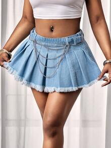 BamGleam Chân váy ngắn xếp ly denim rách tua rua dáng thường ngày dành cho nữ, thích hợp cho mùa hè. - Rửa nhẹ - Xem 3