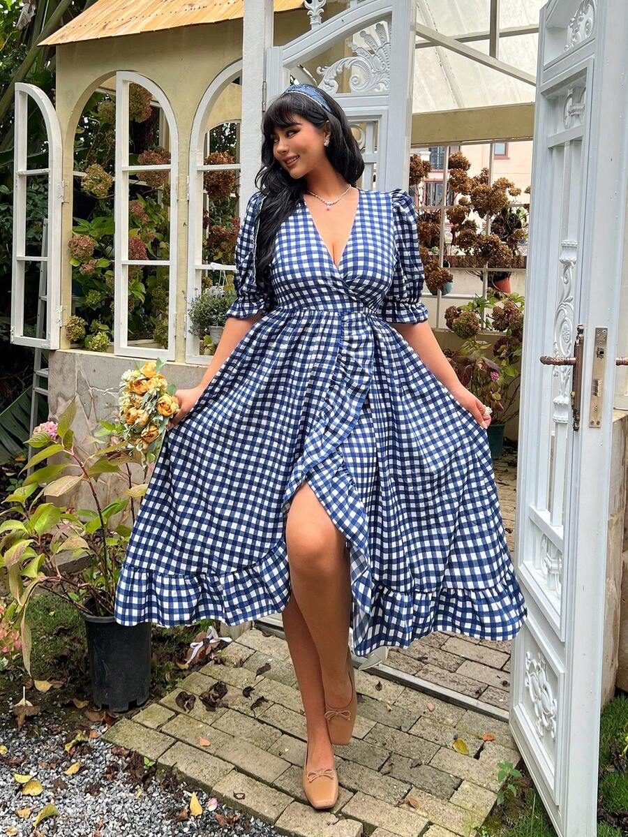 Lyrianda 蓝色格子休闲蓬蓬袖连衣裙 - 藍色 - 查看 1
