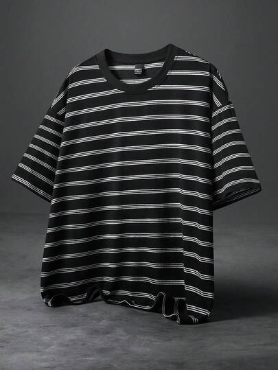 PAVTROS 男士休闲条纹短款宽松T恤