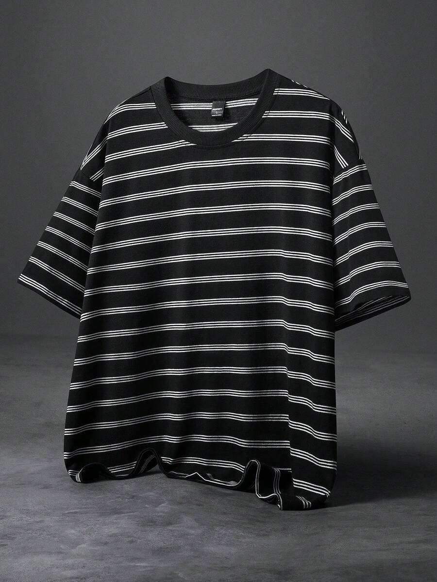 PAVTROS 男士休闲条纹短款宽松T恤 - 黑與白 - 查看 1