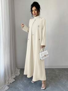 Yasmyna 女士优雅长袖阿拉伯风格连衣裙，饰有水钻，秋季款 - 杏色 - 查看 7