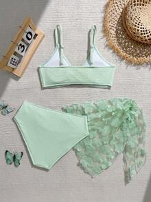 SHEIN Girls' Cute 3 PiecesSwimsuit Set With Shawl/Ruffle Trim, Fashionable Casual Elegant Swimwear Suitable For Swimming, Summer Vacation, Beach, Pool, Holiday Party - Green - View 2