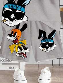 2pcs/Set Young Boy Casual Minimalist Cartoon Rabbit Print Short Sleeve T-Shirt And Shorts, Suitable For Summer Retro Outfit For Kids Kids Fashion Young Boys Clothes Ootd For Kids - Multicolor - View 5