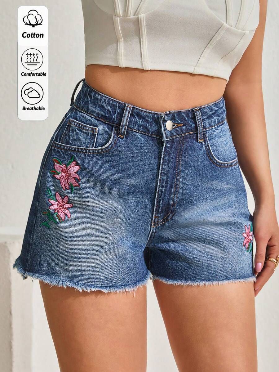 SHEIN Women High-Rise Flower Embroidered Frayed Hem Washed Detail Denim Short - Blue - View 1