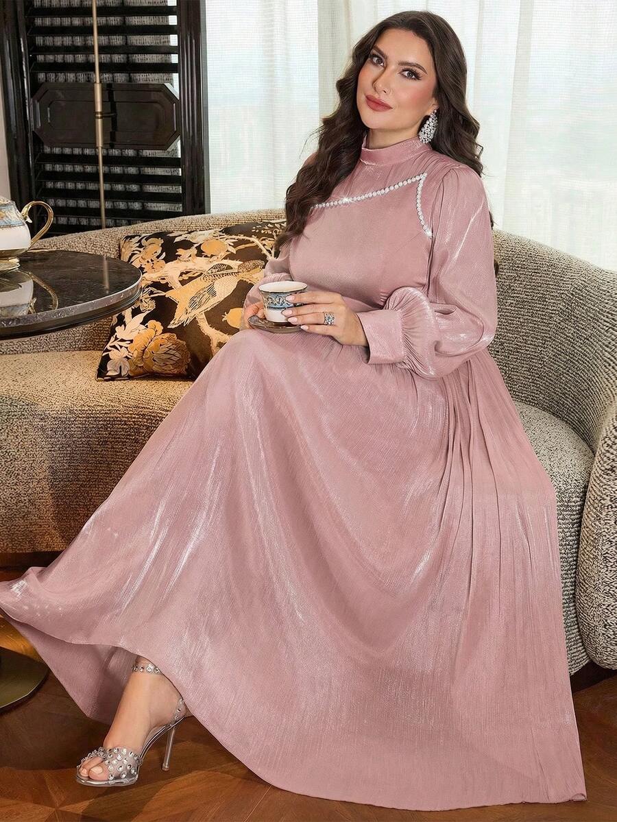 Modelyn Plus Size Women Fashionable Minimalist Elegant Waist Cinching Slim Fit Dress - Pink - View 1