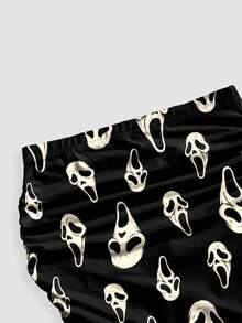ROMWE Goth Women's White Skull Print Ruched Bodycon Mermaid Skirt - Black - View 4