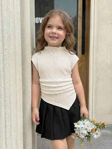 SHEIN Serisse Kids 女童休闲立领不对称下摆短袖T恤 - 白色 - 查看 4