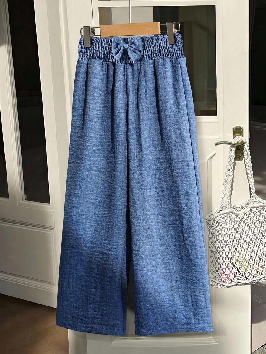 Genkimix Kids Quần dài thường ngày cho bé gái (size nhỏ) màu xanh dương, chất liệu vải, có dây rút ở eo, trang trí nơ 3D dễ thương. - Màu xanh lam - Xem 1