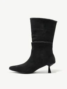 CUCCOO CHICEST Women's Pointed Toe Pleated Fashion Daily Wear Slim Heel Mid-Calf Boots Valentine's Day - Black - View 10