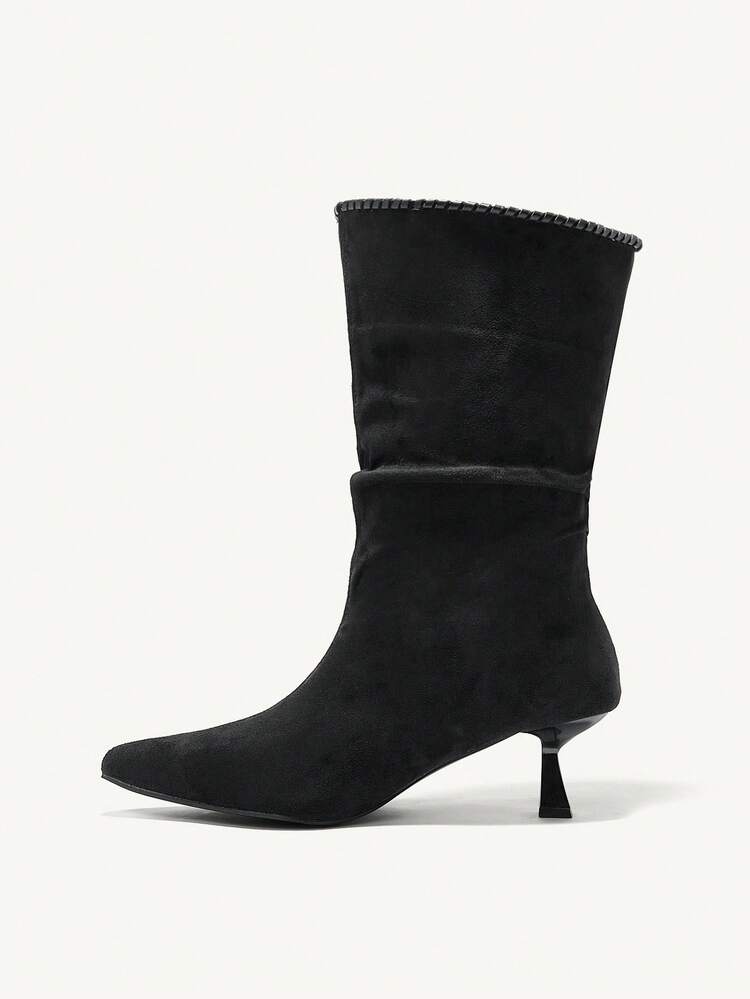 CUCCOO CHICEST Women's Pointed Toe Pleated Fashion Daily Wear Slim Heel Mid-Calf Boots Valentine's Day
