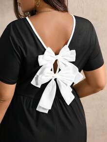 Juhart Đầm dài tay ngắn thắt nơ màu trắng thanh lịch, eo thon, khoét lưng cỡ lớn cho nữ - Đen và trắng - Xem 2