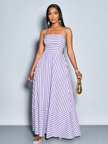 SOLERSUN Đầm maxi nữ dáng suông kẻ sọc với dây đeo vai, túi và chi tiết nhún ngực, thích hợp cho kỳ nghỉ, đi biển, đi làm và mặc hàng ngày (Họa tiết hoa ngẫu nhiên) - Màu tím hoa cà - Xem 6