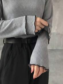 FRIFUL 女士撞色高领长袖罗纹面料二合一设计撞色包边宽松休闲百搭T恤，秋冬款 - 灰色 - 查看 4