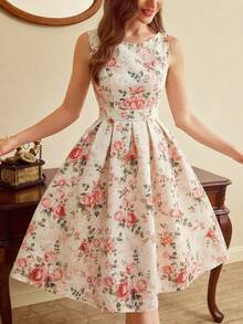 Vintamour 复古优雅女士连衣裙，提花面料，适合假日派对、庆典、夏季等场合，包括春季连衣裙、复活节连衣裙、节日服装、优雅派对连衣裙、派对礼服、婚礼宾客连衣裙、毕业礼服、乡村风碎花连衣裙等。 - 杏色 - 查看 3