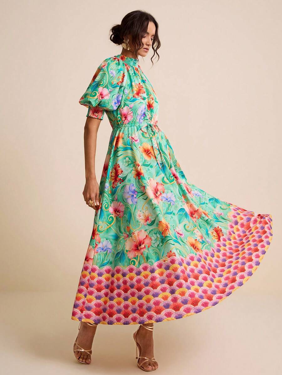 LOTSLUV Women's Spring/Summer Green & Fuchsia Tropical Floral & Pattern Placement Print, Stand Collar Puff Sleeve Waist Cinched A-Line Dress - Green - View 1