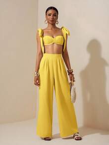 Zivah Beach New Spring And Summer Casual Holiday Bowknot Shoulder Straps Chest-Wrapped Heart Collar Cropped Top + Wide-Leg Super Trousers Apricot Women's Two Pieces Se,Textured Fabric Material - Yellow - View 7