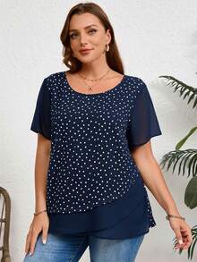 EMERY ROSE Áo sơ mi mùa hè cỡ lớn, kiểu dáng thường ngày, họa tiết chấm bi, phối nhiều mảnh. - Màu xanh hải quân - Xem 4