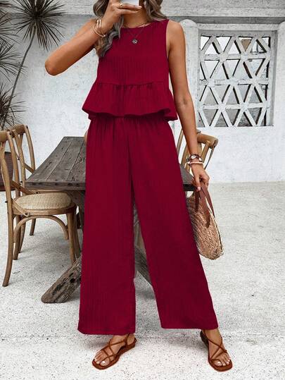 Breezaya Women's Solid Color Vacation Ruffle Hem Sleeveless Top And Wide Leg Pants Casual 2 Pieces Set