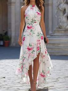 EMERY ROSE White Floral Print Asymmetrical Ruffle Hem Dress For Vacation - White - View 1