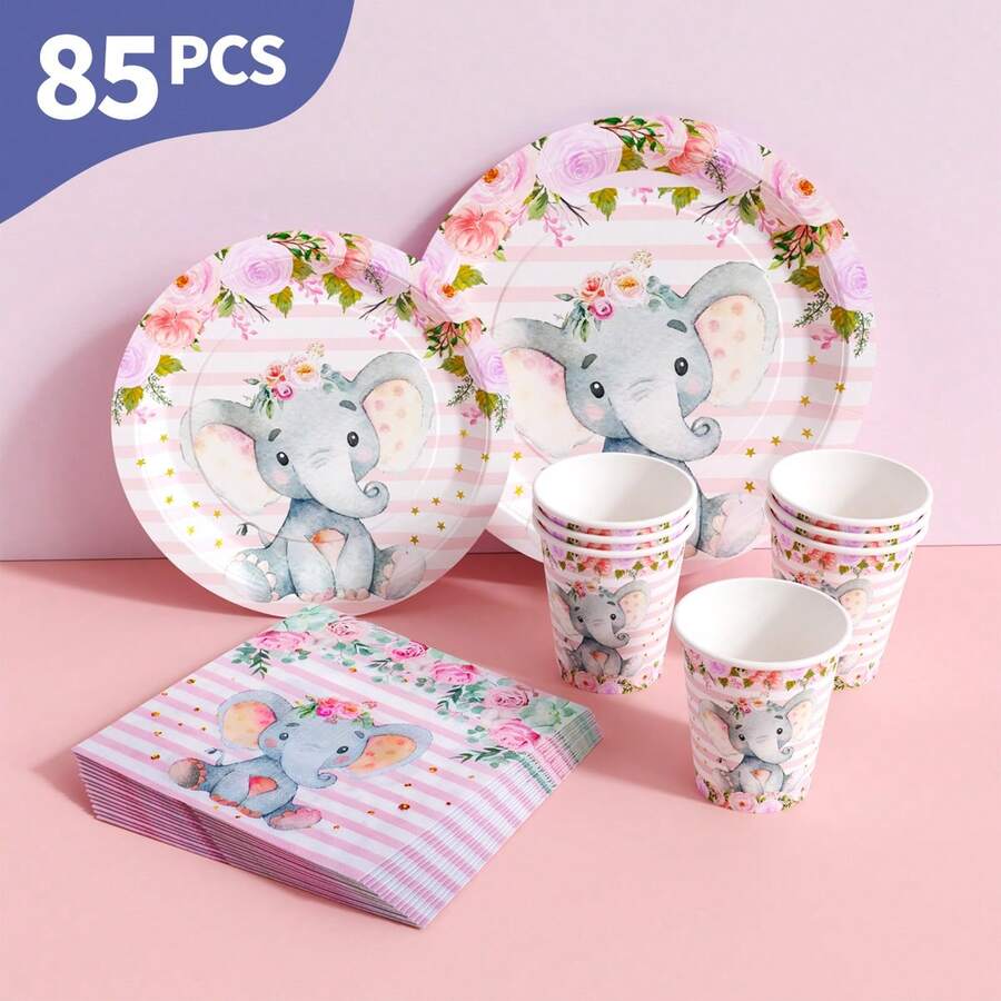 Bộ bát đĩa, khăn ăn và cốc dùng một lần hình voi hồng và hoa, phục vụ 20 người. Bộ đồ dùng tiệc dùng một lần này (bao gồm bát đĩa, khăn ăn và cốc) rất phù hợp cho các bữa tiệc sinh nhật, đám cưới và dã ngoại gia đình. - Xem 1