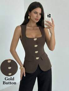 Firerie 女士方领金属扣装饰无袖衬衫，女士深咖啡色背心，金属扣装饰上衣，秋冬叠穿衬衫，优雅办公室衬衫，春秋冬皆宜，优雅百搭，通勤、约会、毕业典礼、舞会、演出、音乐会、工作、年会等场合皆可穿着 - 摩卡棕 - 查看 9