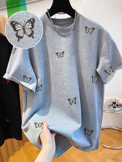 SHEIN Women's Round Neck Heart Embroidery T-Shirt - Round Neck Casual Top - Lightweight T-Shirt Suitable For All Seasons