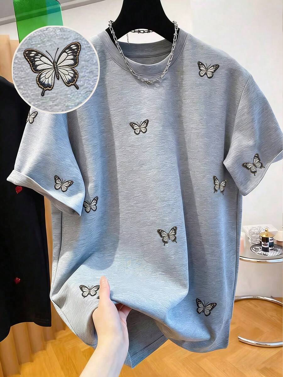 SHEIN Áo thun nữ cổ tròn thêu hình trái tim - Áo thun cổ tròn dáng thường ngày - Áo thun mỏng nhẹ phù hợp cho mọi mùa. - Xám - Xem 1