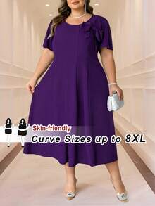 SHEIN CURVE+ Đầm dài ngang gối thanh lịch cổ tròn tay ngắn, màu trơn, trang trí nơ, dành cho nữ cỡ lớn. - Màu tím - Xem 6